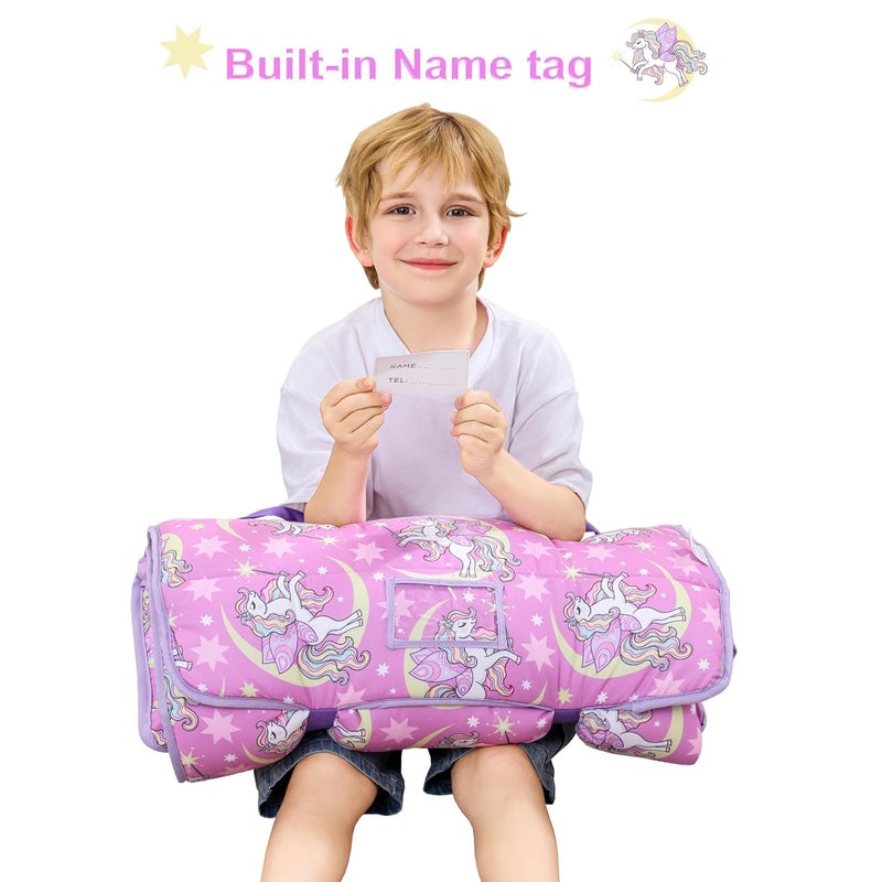 Viviland Toddler Nap Mat, Rolled Sleeping Mats with Pillow and Minky Dot Blanket for Girls, Kids Slumber Bag Nap Mat for Preschool, Daycare, Kindergarten, Travel Camping - Unicorn Magic - Image 4
